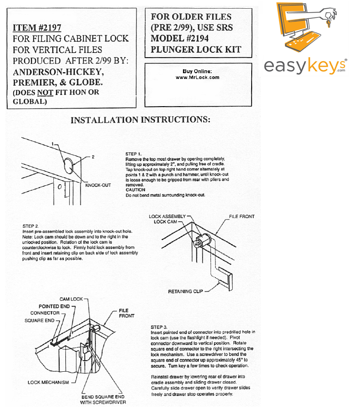 SRS 2194 ANDERSON HICKEY FILE CABINET LOCK KIT KEYED DIFFERENT